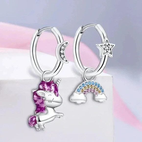 925 sterling Silver Unicorn & Rainbow Hoops - Picture 1 of 10